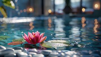 ai gerado uma tranquilo spa ambiente apresentando uma água lírio e zen pedra dentro uma sereno piscina foto