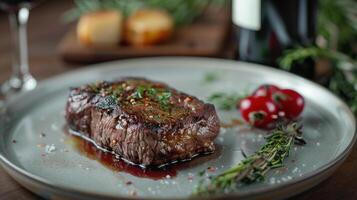 ai gerado uma luxuoso jantar elegantemente apresentado em a mesa, acompanhado de uma vidro do vermelho vinho foto