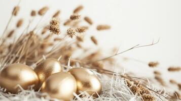 ai gerado minimalista Páscoa feriado fundo com dourado ovos e branco fundo foto