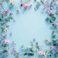 ai gerado Oton flores e eucalipto galhos arranjado em uma pastel azul fundo foto