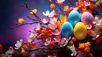 ai gerado uma vibrante Páscoa fundo, adornado com colorida ovos e flores foto