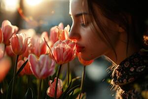 ai gerado mulher cheirando uma ramalhete do tulipas, Primavera humor, mãe dia foto