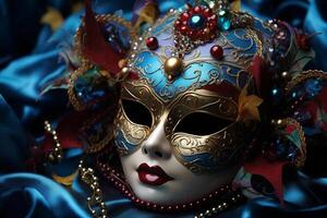 ai gerado veneziano carnaval mascarar e talão decoração em azul fundo foto