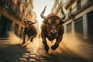 ai gerado touros pressa baixa a rua durante uma festival dentro Espanha foto