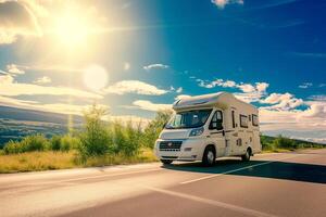 ai gerado branco furgão motorhome comovente ao longo a rodovia foto