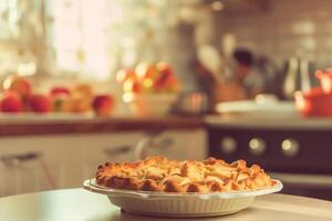 ai gerado delicioso maçã torta dentro uma acolhedor cozinha, borrado fundo, bokeh foto