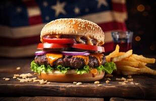 ai gerado hamburguer em a mesa com americano bandeira às a lado foto