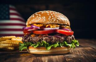 ai gerado hamburguer em a mesa com americano bandeira às a lado foto