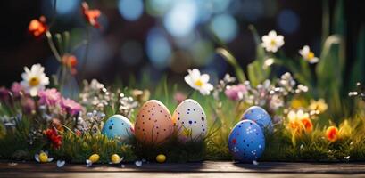 ai gerado Páscoa ovos, flor e Relva dentro grama, em de madeira mesa fundo foto