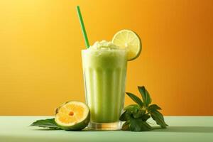 ai gerado uma verde e amarelo fundo com tropical fruta batido em isto foto