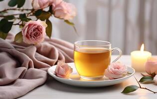 ai gerado uma caneca do chá e rosas em uma mesa foto
