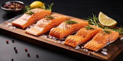 ai gerado quatro salmão filetes estão mostrando em a bandeja ao lado alecrim e alho foto