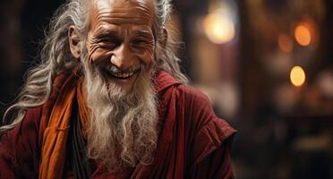 ai gerado alegre monge dentro tradicional roupão foto