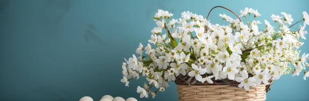 ai gerado branco Páscoa cesta com flores dentro a vaso foto