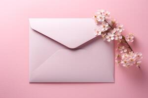 ai gerado a envelope com uma azul papel, Rosa flores e flor arco foto