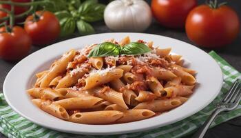 ai gerado Macarrão Penne massa dentro tomate molho foto