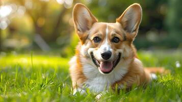 ai gerado sorridente face fofa adorável corgi deitado em a Relva dentro uma verão parque, engraçado adorável animal cachorro, cachorro em a fundo do natureza. foto