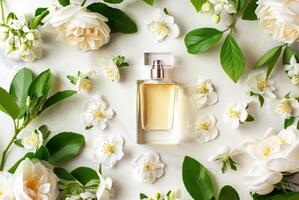 ai gerado elegante perfume garrafa cercado de fresco Primavera flores em branco fundo foto