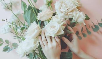 ai gerado elegante feito à mão floral arranjo com exuberante branco rosas e vegetação em uma pastel fundo foto