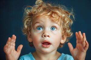 ai gerado sorridente criança pequena com encaracolado cabelo posando para uma retrato contra uma azul fundo foto