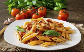 ai gerado Macarrão Penne massa dentro tomate molho com frango e tomates em uma de madeira mesa foto