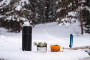 uma Preto garrafa térmica e canecas com ele raminho dentro a neve. uma caminhada faca vai estar preso dentro a neve. inverno ainda vida dentro a neve foto