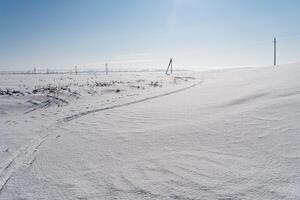 uma branco Nevado campo coberto com neve. ensolarado clima, russo extensões, a beleza do natureza. postes do elétrico engrenagens. foto