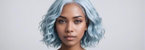 ai gerado tiro médio retrato foto do uma culpado latina africana americano lindo fêmea modelo com uma luz azul cabelo isolado em uma floralbranco fundo com cópia de espaço bandeira modelo. ai gerado