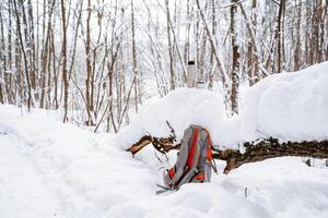 uma caminhada mochila mentiras dentro a neve. uma parar em uma caminhar através a inverno floresta. natureza do Rússia, sulista Urais. Bascortostão. foto