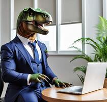 ai gerado dinossauro dentro uma azul terno é sentado dentro a escritório às uma computador portátil foto