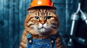 ai gerado engraçado gato dentro uma construção capacete foto