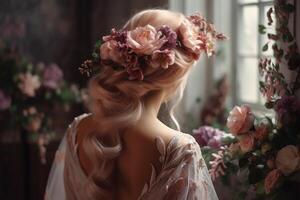 ai gerado retrato do uma lindo Loiras mulher com flores dentro dela cabelo. foto
