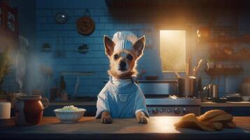 ai gerado fofa cachorro dentro a cozinha às noite. chihuahua dentro uma azul chef uniforme. foto
