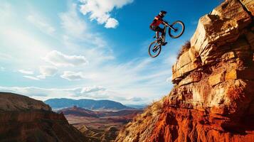 ai gerado uma montanha motociclista subindo através a ar contra uma tirar o fôlego montanhoso pano de fundo foto