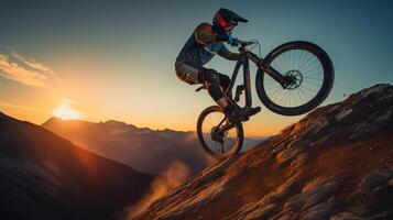 ai gerado uma montanha motociclista subindo através a ar contra uma tirar o fôlego montanhoso pano de fundo foto