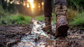 ai gerado caminhada chuteiras em floresta trilha às pôr do sol generativo ai foto