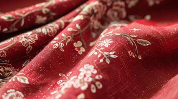 ai gerado rico vermelho algodão tecido com branco floral bordado, elegante texturas e tradicional Projeto elementos generativo ai foto