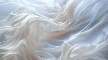 ai gerado □ Gentil redemoinhos do branco seda tecido dentro fechar-se, com uma suave azul matiz acentuando Está delicado dobras generativo ai foto