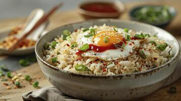 ai gerado saboreando perfeição. ovo frito arroz brilhante com ketchup, uma culinária obra de arte. foto