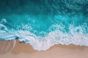 ai gerado a calma do oceano ondas em uma deserta praia, turquesa mar e intocado areias aéreo Visão do uma pacífico, deserta de praia com calma oceano ondas suavemente quebra contra arenoso margens foto