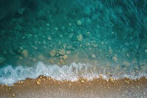 ai gerado a calma do oceano ondas em uma deserta praia, turquesa mar e intocado areias aéreo Visão do uma pacífico, deserta de praia com calma oceano ondas suavemente quebra contra arenoso margens foto