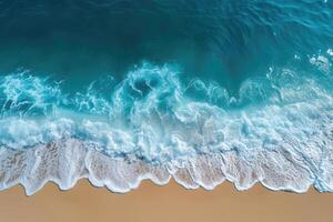 ai gerado a calma do oceano ondas em uma deserta praia, turquesa mar e intocado areias aéreo Visão do uma pacífico, deserta de praia com calma oceano ondas suavemente quebra contra arenoso margens foto