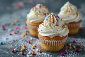 ai gerado delicioso baunilha bolos de copo com creme queijo e açúcar doce foto