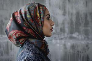 ai gerado cultural fusão batik lenço de cabeça encontra moderno blazer foto