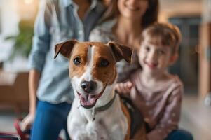 ai gerado uma família com seus animal alegremente verificação dentro às uma aceita animais de estimação hotel foto