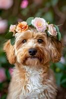 ai gerado flor coroado cachorro com Rosa acentos foto