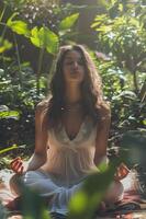 ai gerado mulher meditando ao ar livre dentro pacífico jardim foto