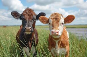 ai gerado dois jovem vacas dentro campo. uma dois vacas ficar de pé dentro a Relva foto