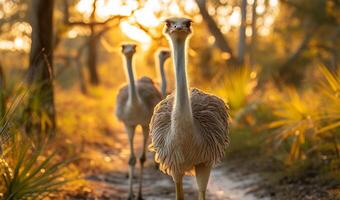 ai gerado dois avestruzes andar baixa caminho dentro a florida pântano às pôr do sol. foto