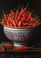 ai gerado vermelho quente Pimenta pimentas dentro chinês tigela foto